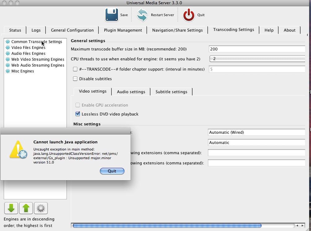 Notice no VLC on left and Java notice at bottom left.